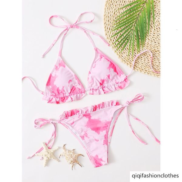 

2021 ess lace up pink printed triangle bikini swimsuit, White;black