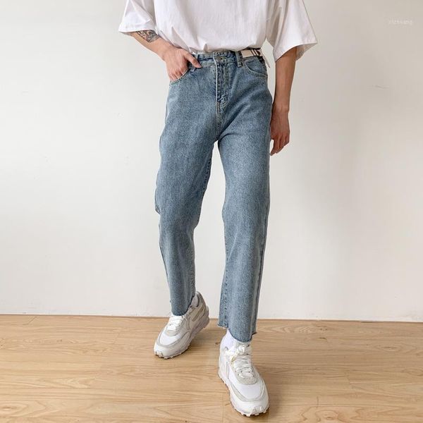 

men's jeans male japan korea streetwear hip hop vintage fashion pant men broken hem casual straight ankle length denim pants1, Blue