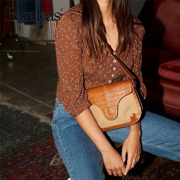 

bazaleas elegant brown double dots print blusas mujer de moda 2020 center buttons blusas vintage slim v neck women blouse, White