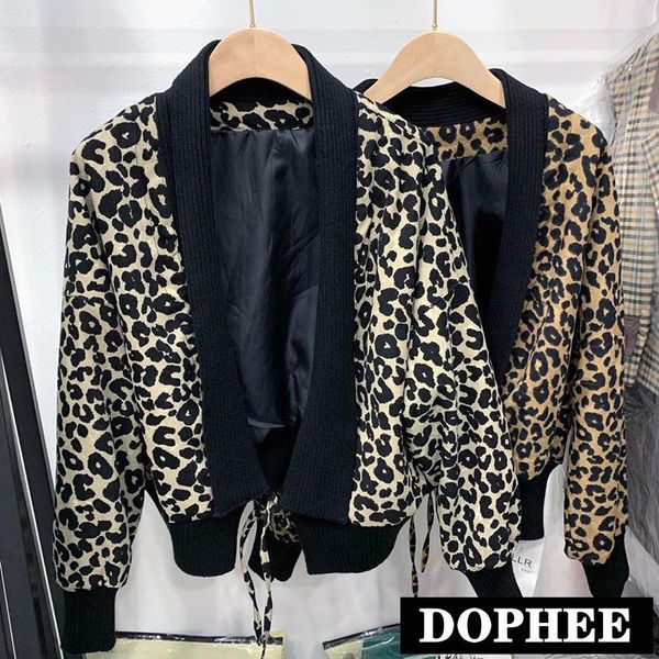 

leopard print coat female autumn and winter 2021 new korean loose knit stitching short cardigan motorcycle jacket casual outwear, Black;brown