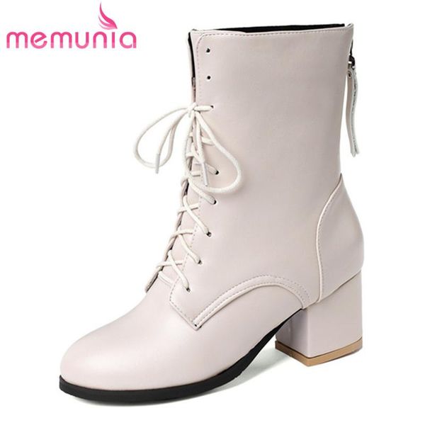 

boots memunia 2021 big size 45 ankle women round toe lace up zip square heel autumn winter short classic dress shoes woman, Black