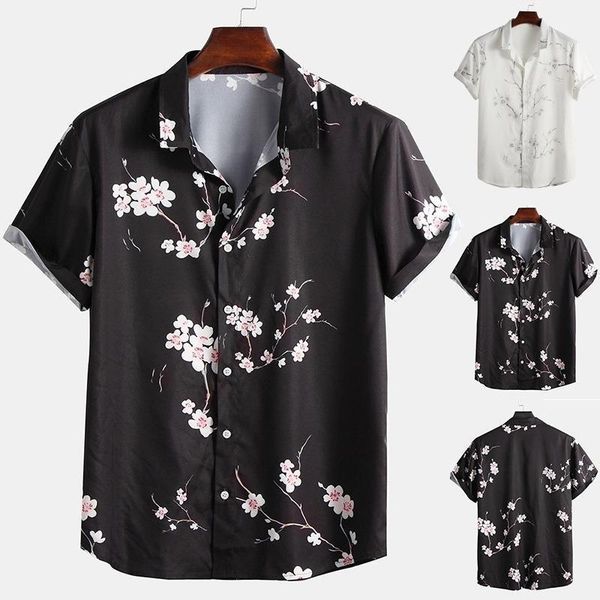 

large size loose men's summer casual plum printed buttons short-sleeved shirt fashion lapel chinese style popo shirt male blouse, White;black