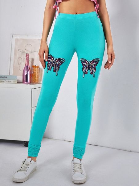 

butterfly print ruched hem leggings 07k1#, Black