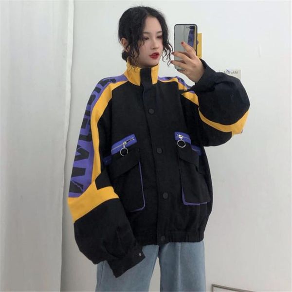 

увеличенная куртка женщин печати куртки женщин bomber streetwear hip hop пальто размер m-xl c124, Black;brown