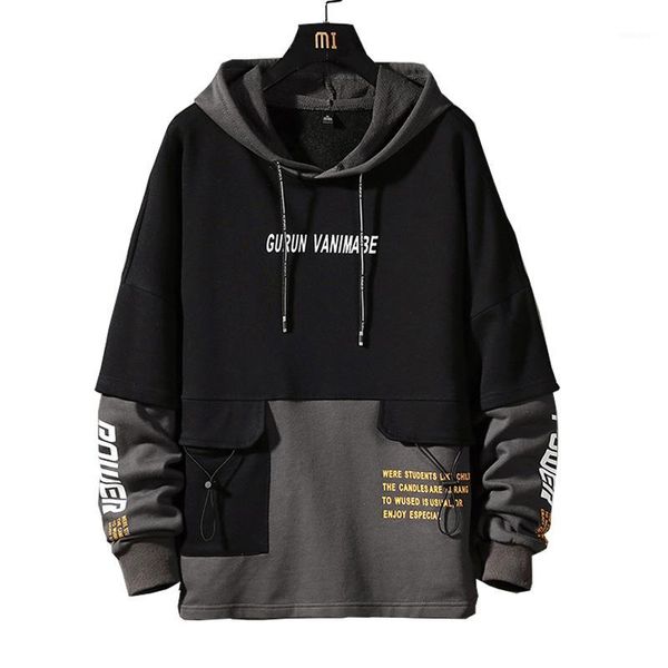 

pullover spring new letter printing stitching men's hoodie fashion casual loose hooded coat large size men's clothing 5xl1, Black