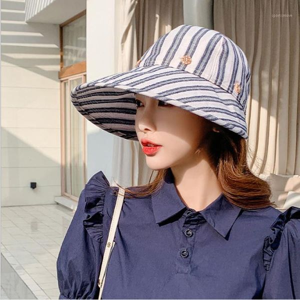 

wide brim hats 2021 summer women stripe sun beach vacation straw hat for ladies foldable bow-knot casual floppy cap1, Blue;gray
