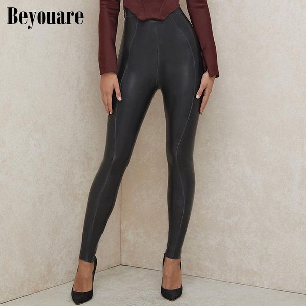 

beyouare streetwear skinny high waist pu faux leather pant matte shiny pencil trousers 2020 autumn female casual black vintage, Black;white