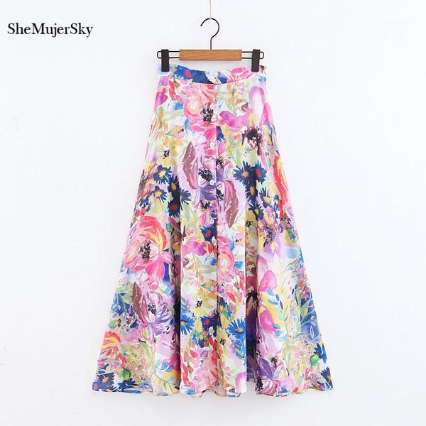 

shemujersky long skirts womens 2019 floral print a-line jupe femme summer high waist maxi skirt1, Black