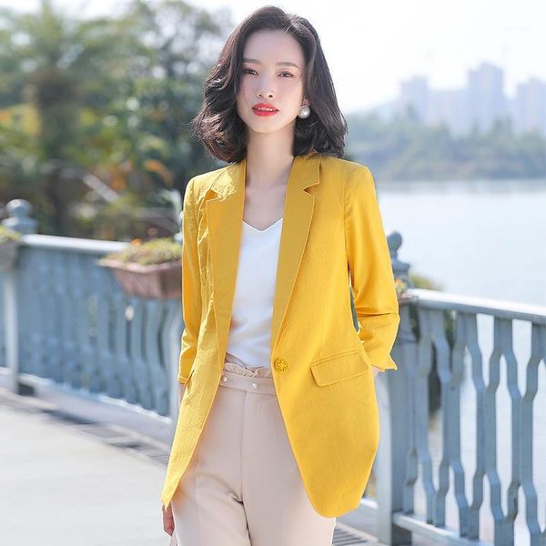 

blazer femme 2020 summer new women elegant mid-length suit jacket chaqueta mujer autumn 3/4 sleeve fitted blazer outfit yellow1, White;black