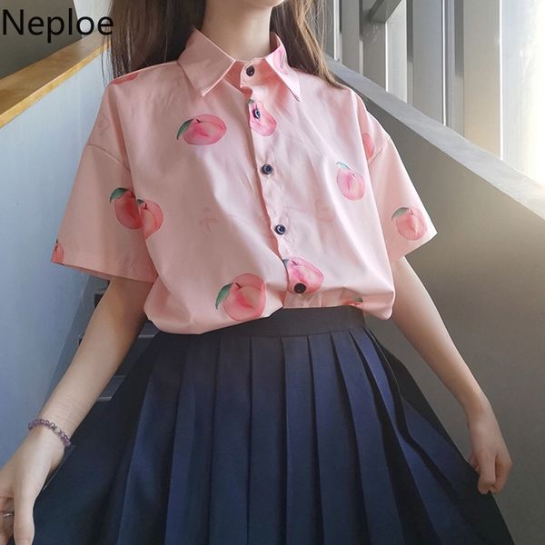 

neploe new summer japanese short sleeve blouse cartoon peach printed women shirt sweet korean causal blusas 58127 y200622, White