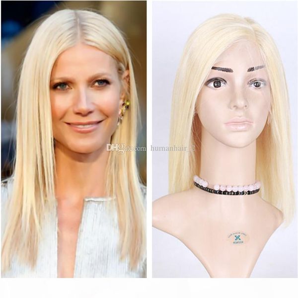 

blonde human hair wig bob wigs #613 platinum blonde malaysian hair full lace wig silky straight middle side part bleached knots, Black;brown