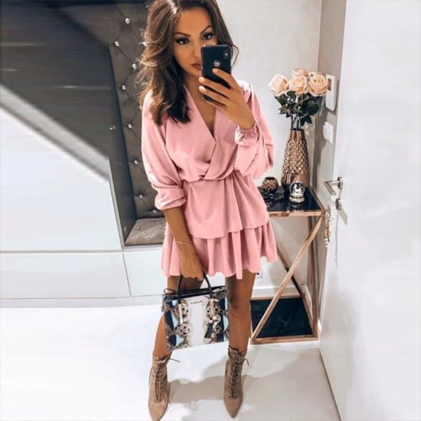 

casual sashes solid mini dress woman v neck lantern sleeve fashion ruffles hem dresses vestidos autumn 2020 new, Black;gray