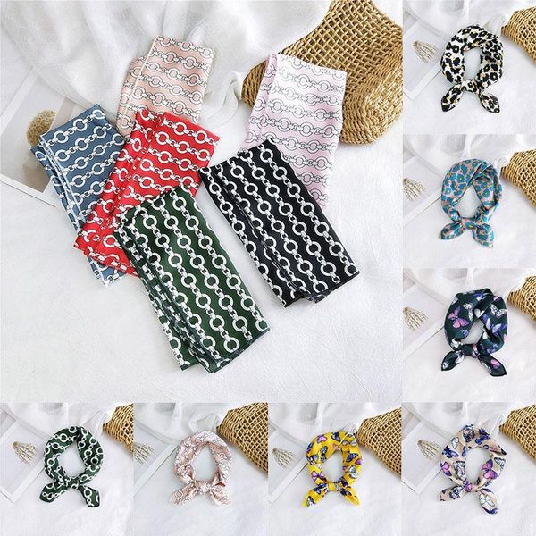 

Head-Neck Satin Silk Scarf 50*50cm Bandana Square Scarf Round Chain Stripes Hair Tie Band Butterfly Floral Print Fashion Women, Blue;gray