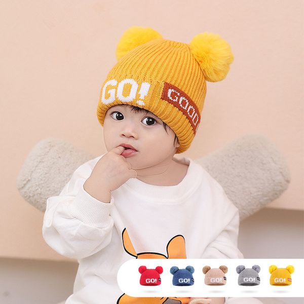 

children's knitted hat in autumn and winter 2020 new warm letter knitted wool hat children's double wool ball cap suitable age 2-6, Blue;gray