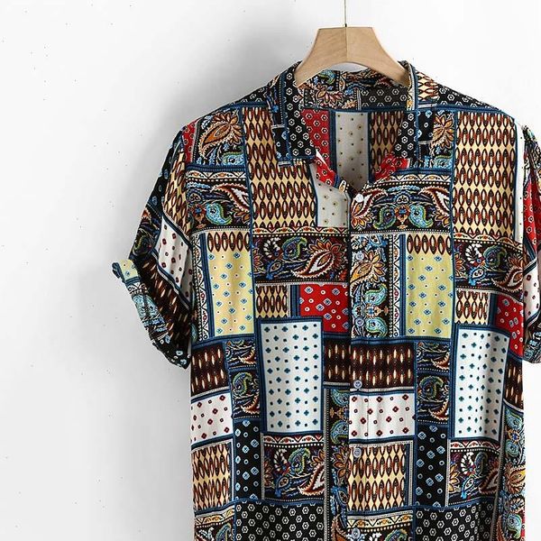 

mens vintage style loose short sleeve stand collar casual shirt ethnic printing mens hawaiian shirt chemise homme asian size 3xl, White;black