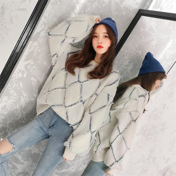 

autumn and winter sweater women's head loose 2019 round neck diamond lattice long sleeve tassel new wild1, White;black