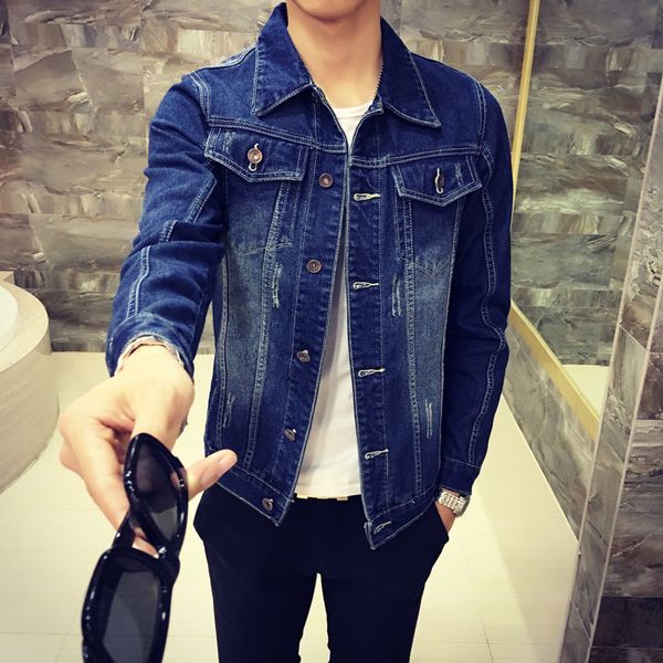 

solid casual slim mens denim jacket bomber jacket men cowboy men's jean coat fashion cotton brand clothes, Blue