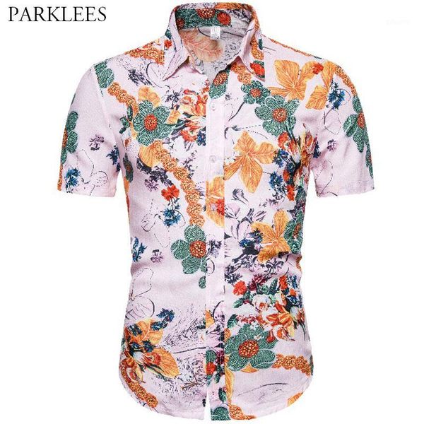 

floral printed hawaiian mens shirt 2020 beach holiday summer shirts for men casual slim fit button down vintage chemise homme1, White;black