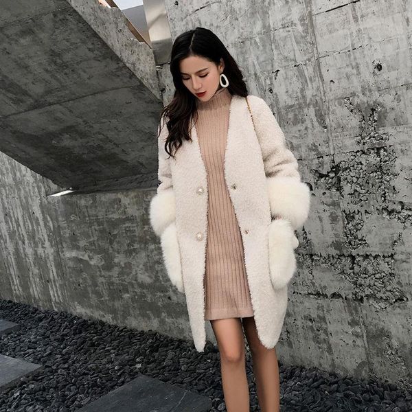 

spring women solid faux fur coats lady pockets single breastes outwear outerwear female v-neck fur jacket, Tan;black