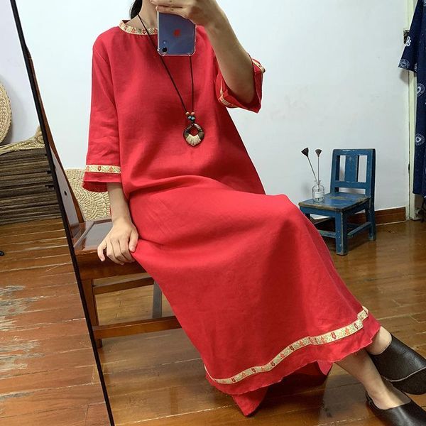 

original high-end pure linen gown dress national style women's tear edge embroidery long skirt before and after, Black;gray