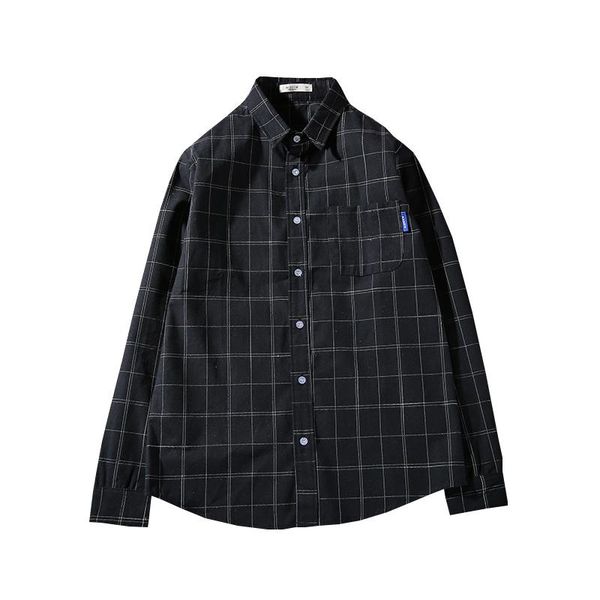 

long sleeve plaid shirt men korean fashion casual japanese youth slim fit long sleeve men style student stylish blue grey shirts, White;black