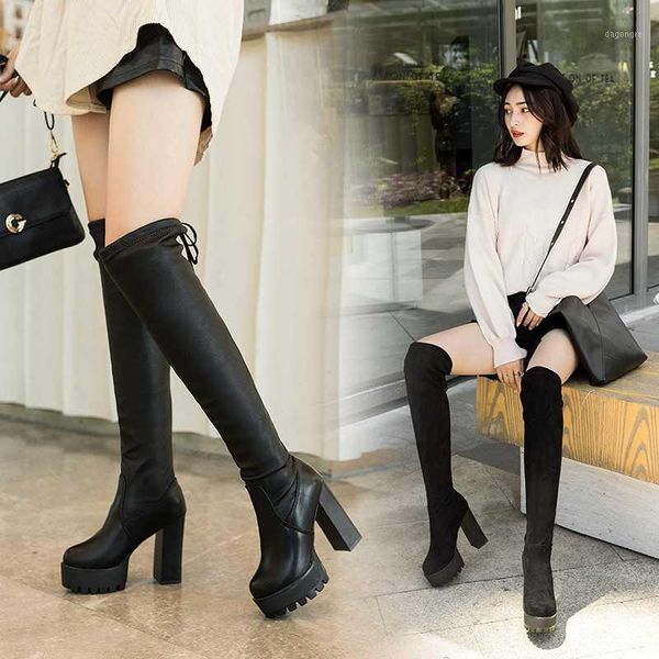 

boots women winter knee high platform heel long round toe shoes bottes femme black thick heels chaussures1