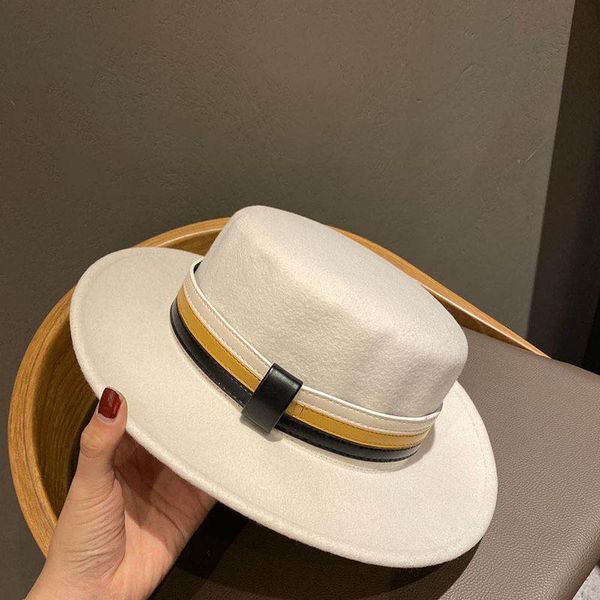 

stingy brim hats matching color leather hat wool british vintage flat big brimmed versatile match, Blue;gray