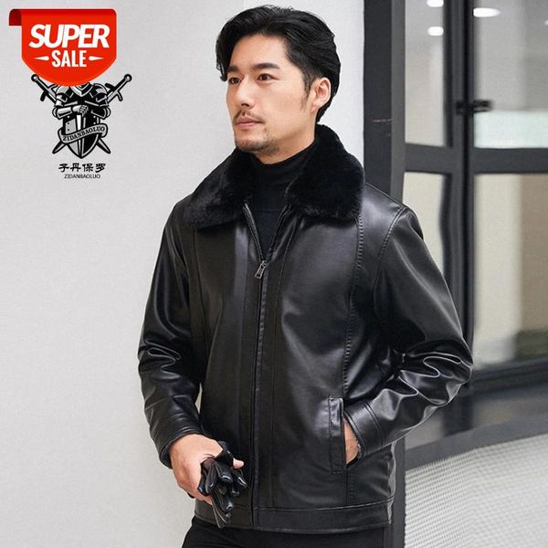 

2019 men's autumn and winter men's pu leather plus velvet thick lapels leather jacket casual loose daddy jacket to keep warm #mp9a
