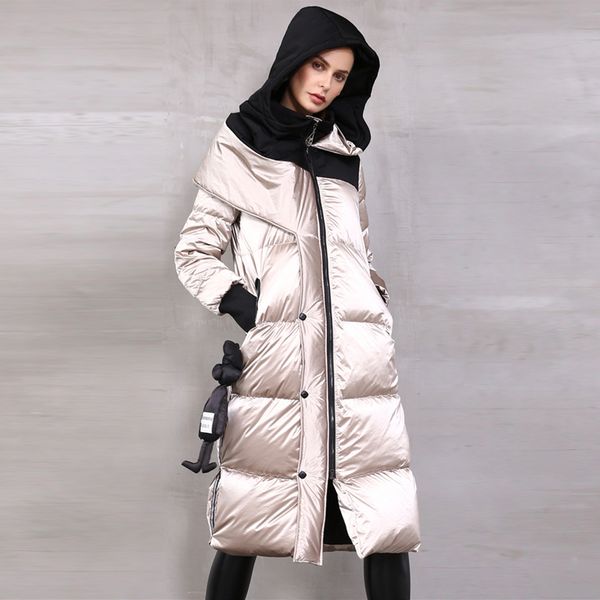 

ynzzu 2019 winter women's jacket glossy long 90% white duck down coat thicken warm female hooded outwear a1396 q1215, Black