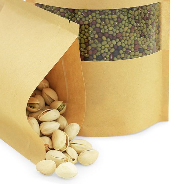 2021 sacos de barreira de umidade de alimentos com janela clara marrom kraft papel doypack bolsa embalagem embalagem bolsa rápido navio rápido