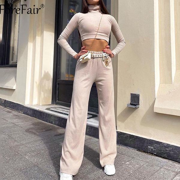 

forefair turtleneck long sleeve black 2021 casual ribbed women set autumn two piece set high waist wide pants loose outfit, Gray