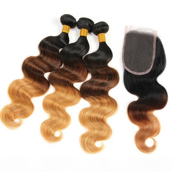 

honey blonde ombre human hair weaves bundles with closure colored 1b 4 27 body wave peruvian virgin ombre extensions and lace closure piece, Black;brown
