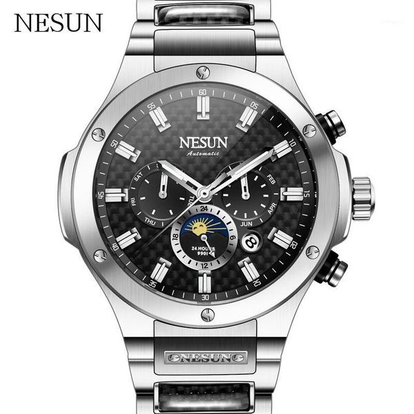 

wristwatches nesun watch men's casual sports stainless steel fashion waterproof moon phase automatic mechanical watches1, Slivery;brown