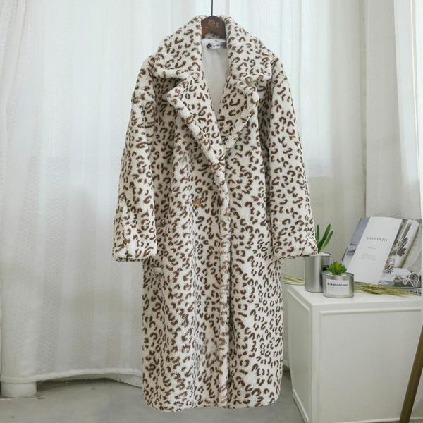 

faux fur coat women winter elegant cashmere oversize leopard x-long teddy coat plush thicken warm overcoat female, Black