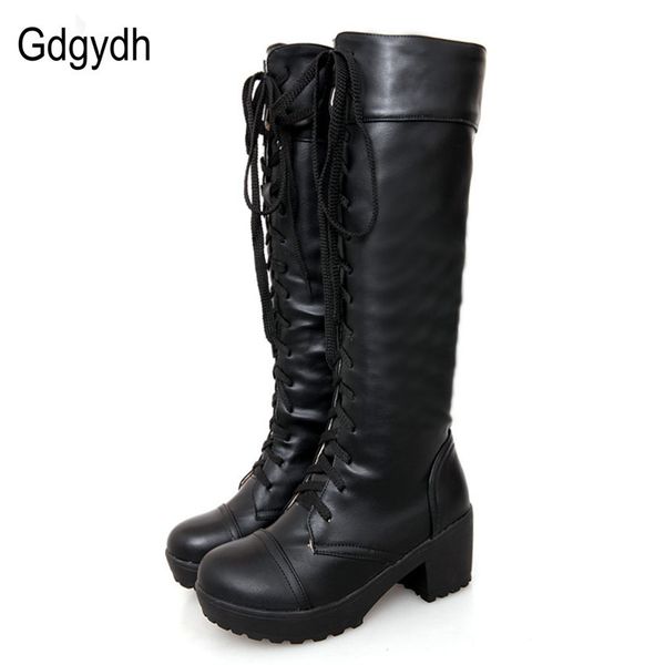 

gdgydh large size 43 lace up knee high boots women autumn soft leather fashion white square heel woman shoes winter y200723, Black