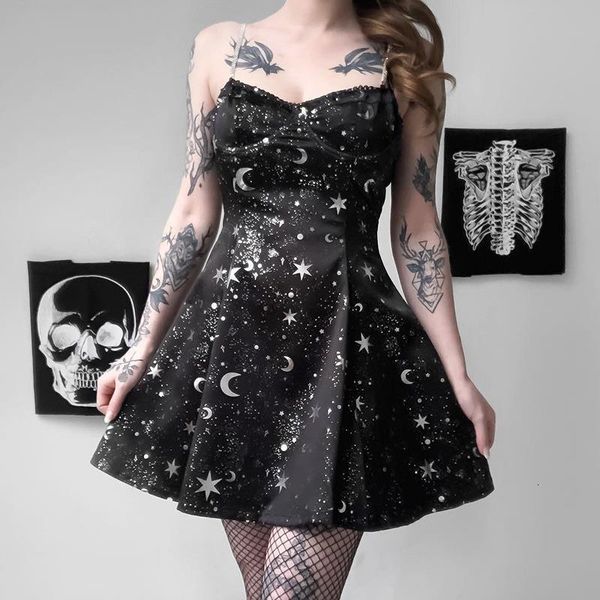 

star moon print gothic dress women strap mini black punk v neck casual summer dresses elegant clothes univers new, Black;gray