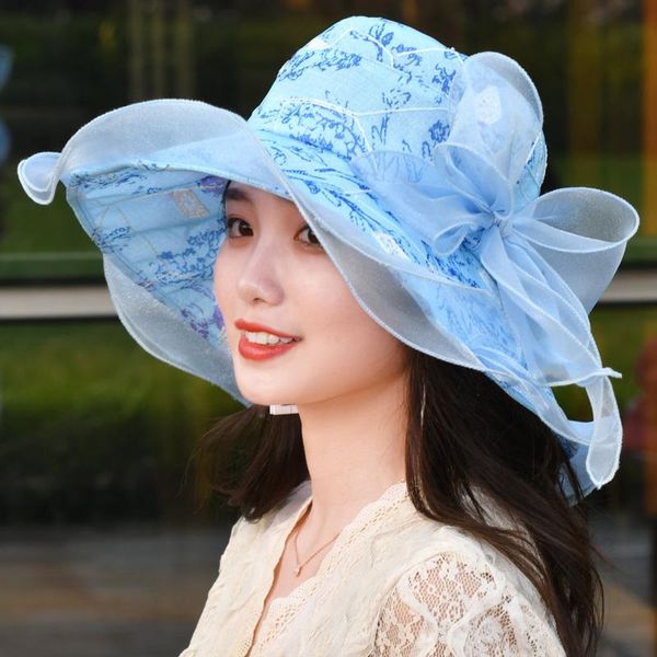 

wide brim hats chiffon fedora flower wedding dresses elegant pink women, Blue;gray