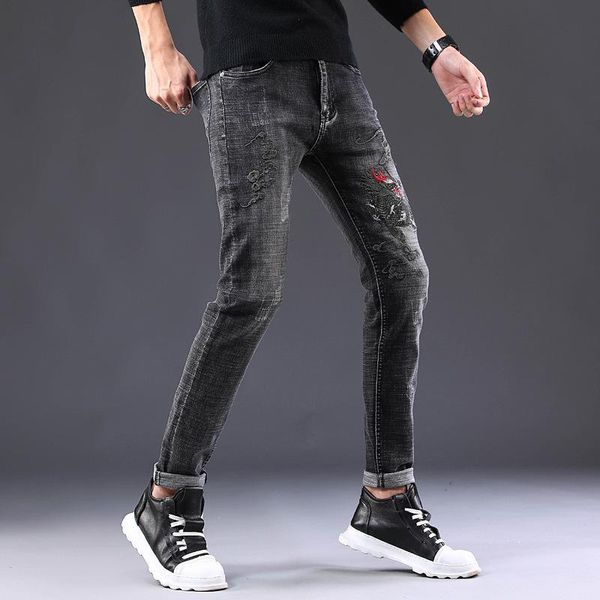 

the new european and american wind man stretch feet jeans embroidery auspicious kirin of cultivate morality pants kg-31, Blue