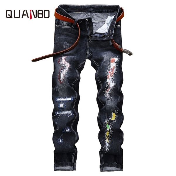

quanbo arrival new men jeans street ripped jeans patch straight beggar patch blue mens jeans plus size 42 201111