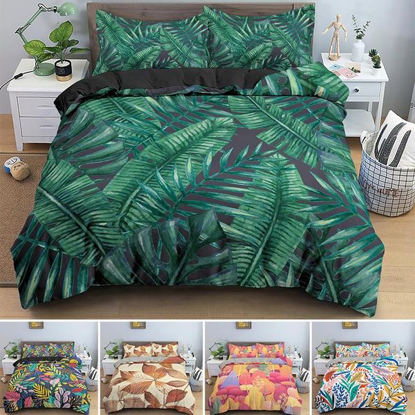 

bedding sets drop tropical plants duvet cover with pillowcase 2/3pcs green palm leaves bedclothes au/uk/us/eu size