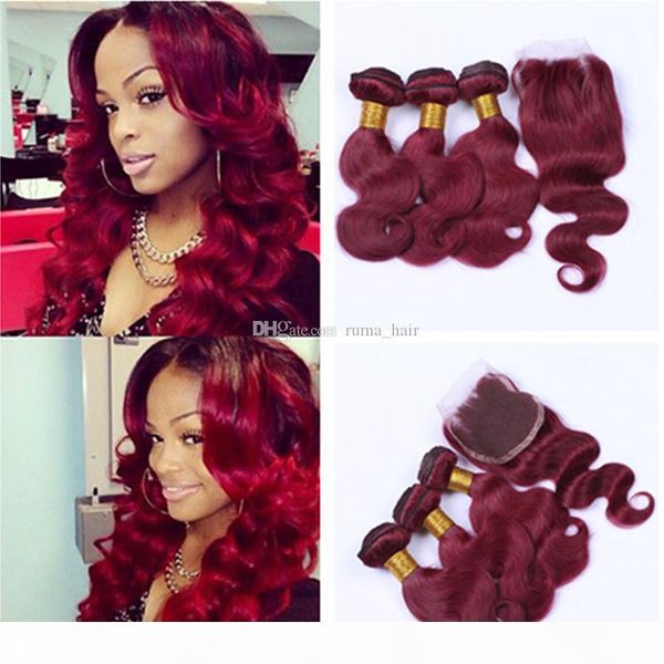 

9a burgundy hair with 4*4 closure middle three part lace closure with bundles #99j wine red hair bundles with lace closure, Black;brown