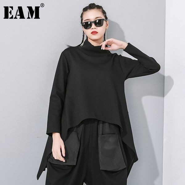 

[eam] loose fit black split asymmetrical sweatshirt new turtleneck long sleeve women big size fashion tide spring 1n482 201126