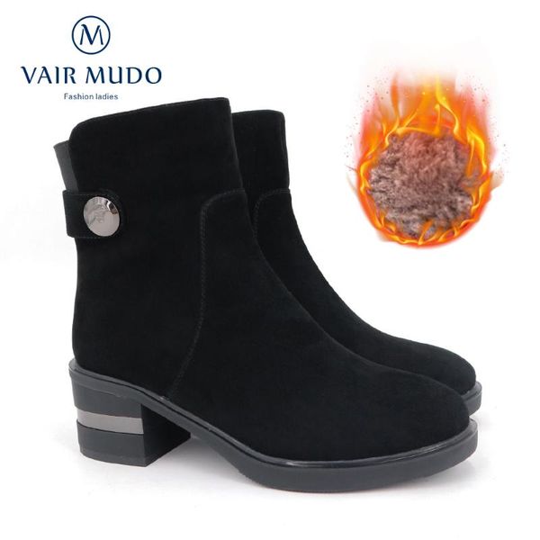 

vair mudo new brand winter ankle boots women kid suede warm wool plush velvet fur women snow boots shoes dx39, Black