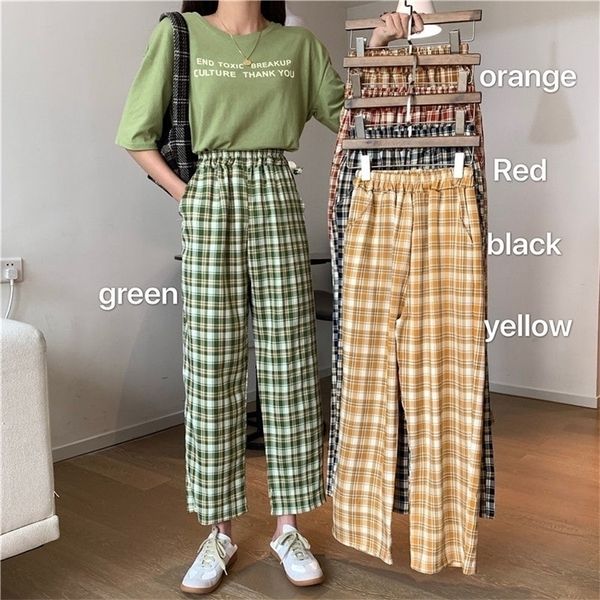 

wide leg pants women fashion plaid ulzzang loose high waist leisure chic female trousers sweatpant pockets summer streetwear 201228, Black;white