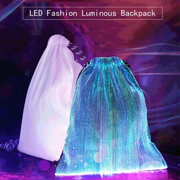 Neue LED leuchtende Rucksack Mode Trend Bunte Bling Bling Glühen Faseroptische Kordelzug Tasche Luxus Sport Outdoor Rucksack Handtasche