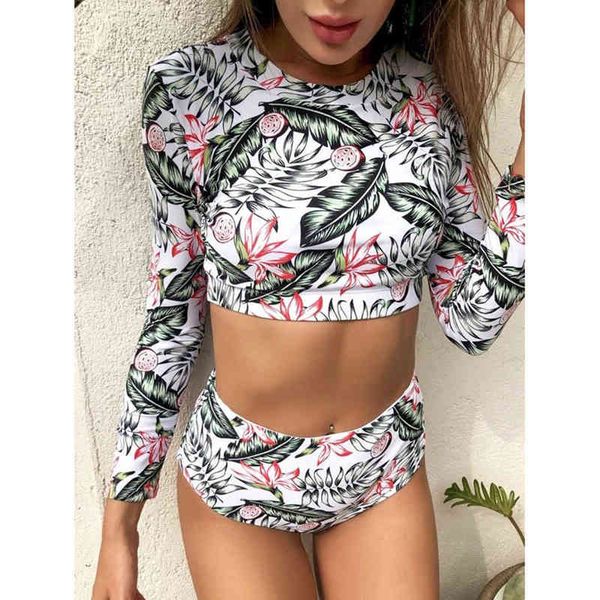

designer women's swimwear bikini 2022 bikini long sleeve leaf print diving suit high waist swimsuit, White;black