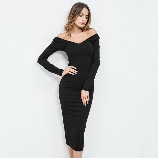 

women long sleeve autumn winter off shoulder dress, Black;gray