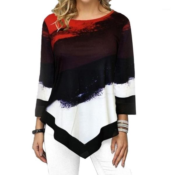 

women stylish o neck 3/4 sleeve irregular hem leopard patchwork blouse summer graphic blouse women clothes 2021 new1, White