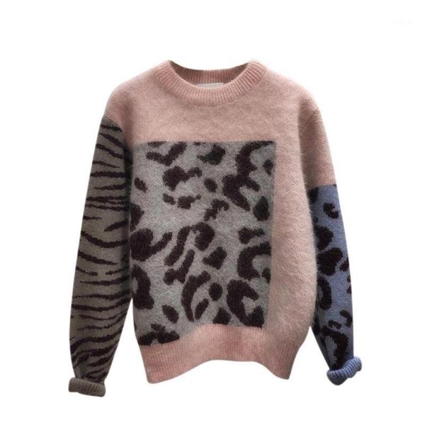 

sweaters women pullovers leopard mohair full sleeve loose casual o-neck all-match fresh 2020 autumn and winter new lugentolo1, White;black
