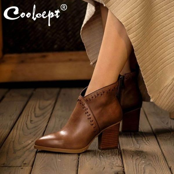 

boots coolcept western pointed toe ankle for women zipper block heel genuine leather retro shoes lady footwear size 34-39, Black